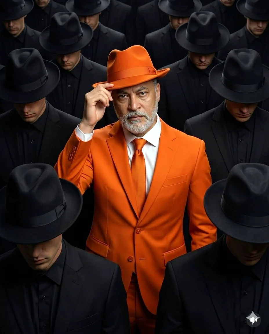 Orange suit character experiment from RockePhoto AI Studio.