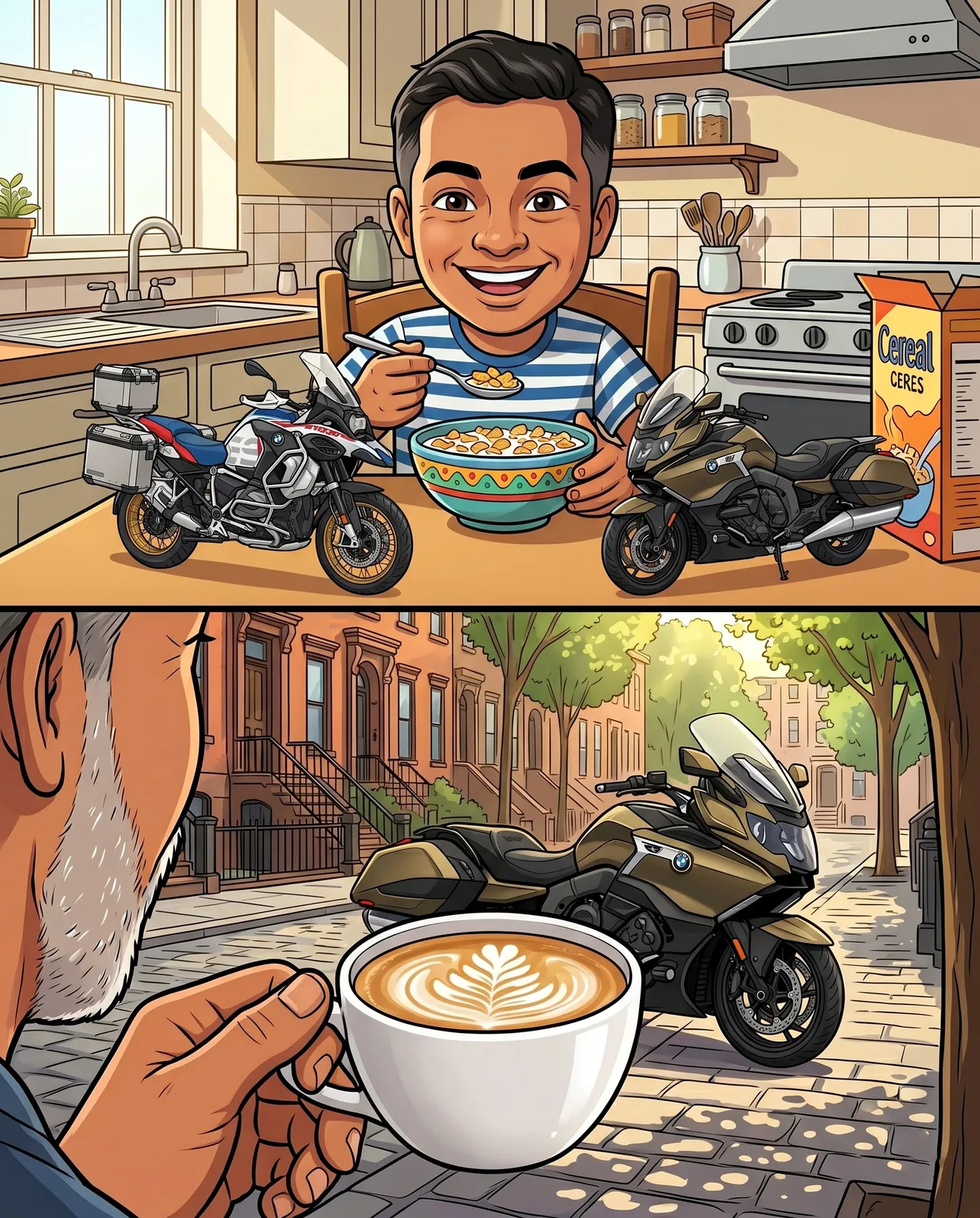 Coffee and motorcycle illustration experiment from RockePhoto AI Studio.