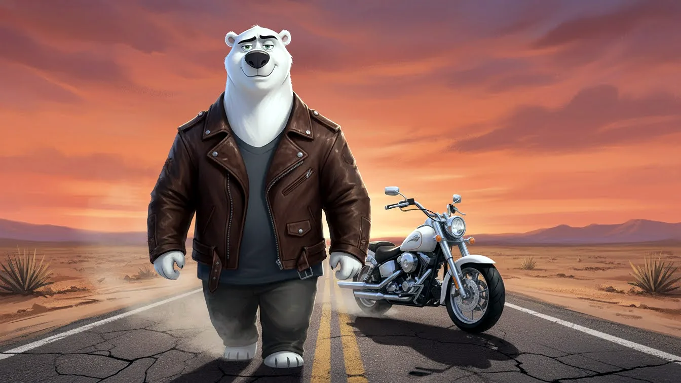Stylized bear biker character from AI Studio.