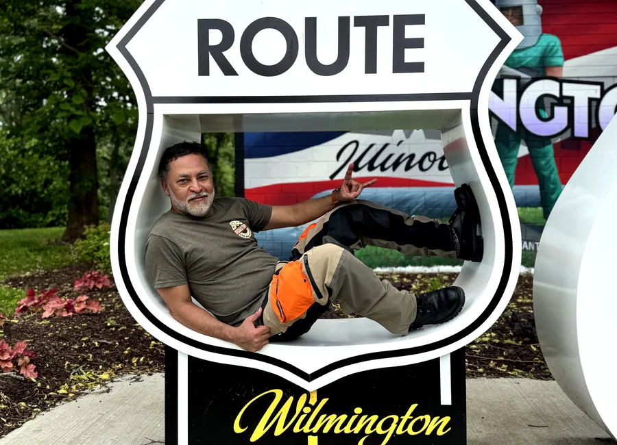 Rocke inside a Route 66 roadside shield in Wilmington, Illinois